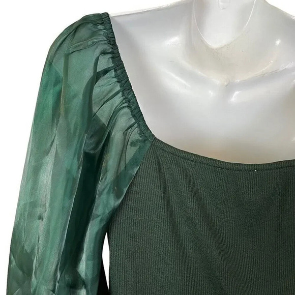 Oddy Womens Sheer Puff Sleeve Boned Ribbed Green Top Shirt Blouse NWT sz Large - Picture 8 of 16